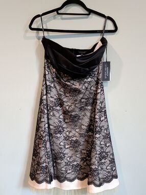 Warehouse NWT Black Lace Overlay Strapless Dress with Nude Underlay 8